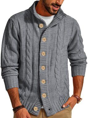 🆕Men's Light Grey Cable Knit Cardigan Sweater Button Down Stand Collar Jacket